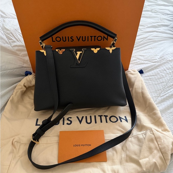 Louis Vuitton Handbags - Louis Vuitton Black Leather Shoulder Bag with Gold Accents